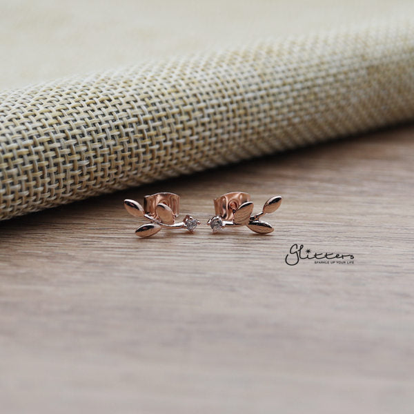 Leaf Sterling Silver Post Stud Earrings with Cubic Zirconia-Cubic Zirconia, earrings, Jewellery, Sterling Silver Post, Stud Earrings, Women's Earrings, Women's Jewellery-ER1457_03-Glitters