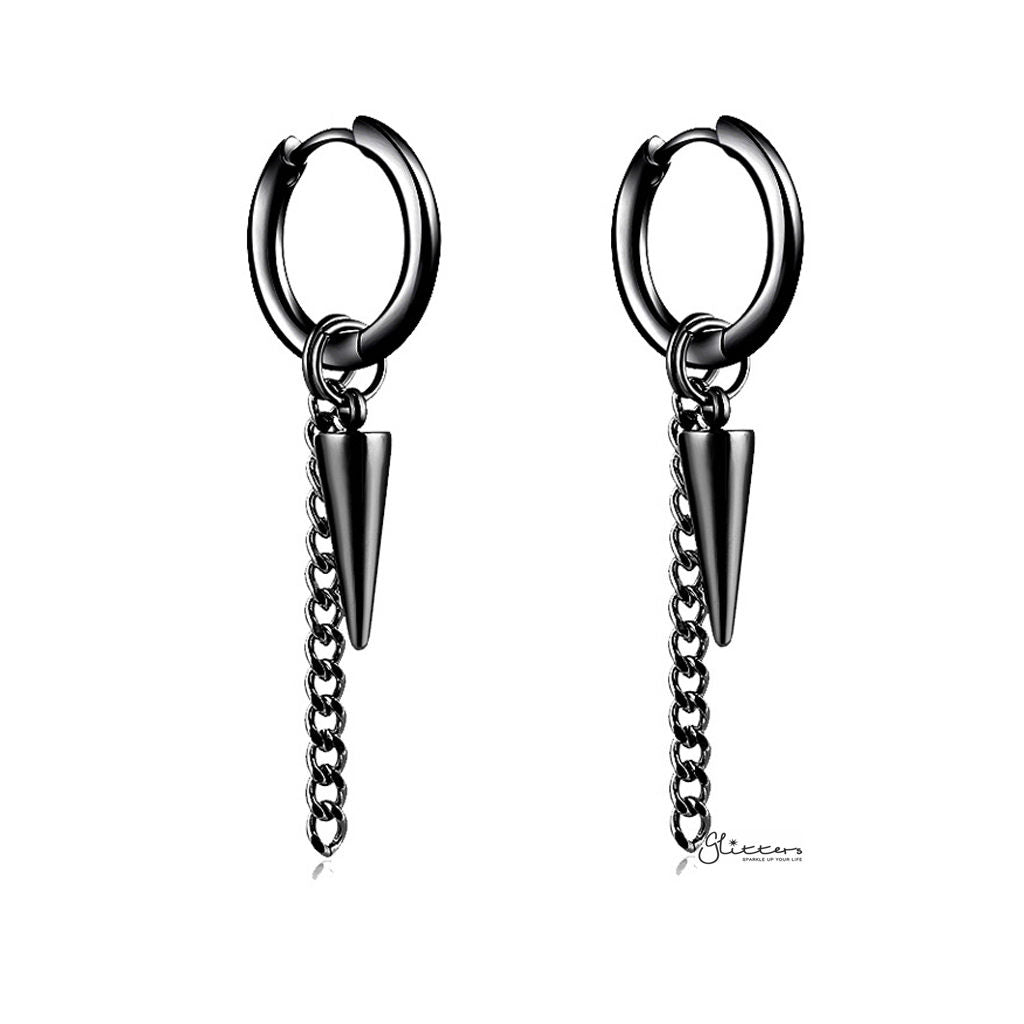 Stainless Steel Drop Spike with Chain Huggie Hoop Earrings - Black-Chain Earring, earrings, Hoop Earrings, Huggie Earrings, Jewellery, Men's Earrings, Men's Jewellery, Stainless Steel, Women's Earrings-ER1475-K_1-Glitters