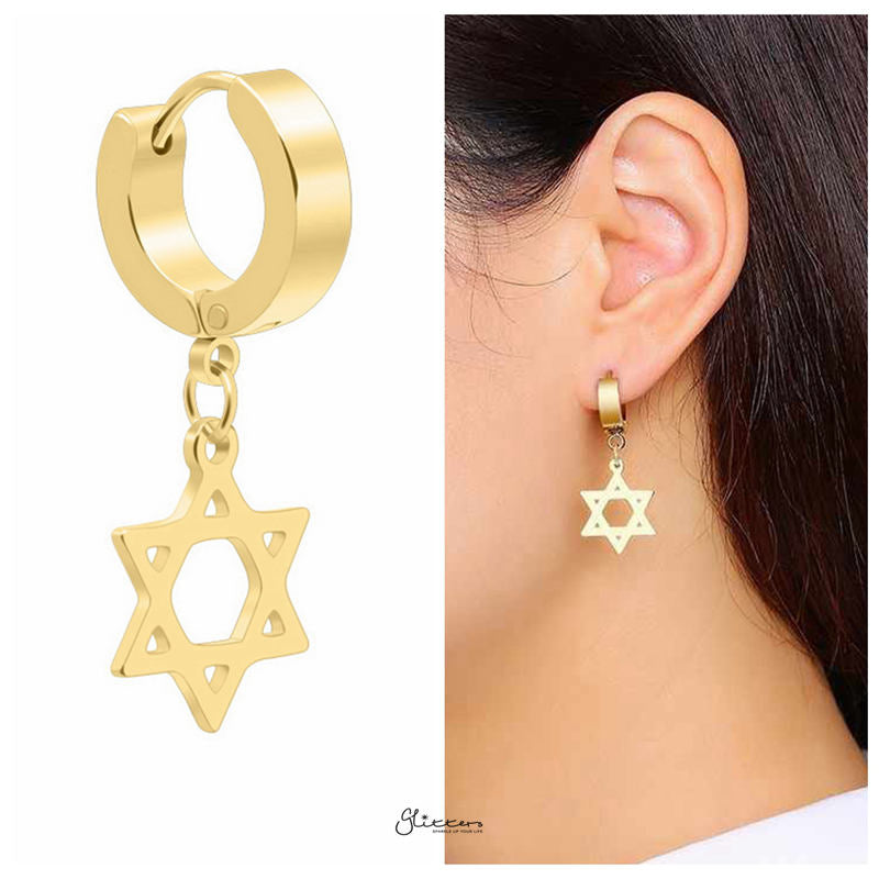Star of David Symbol Huggie Hoop Earrings - Gold-earrings, Hoop Earrings, Huggie Earrings, Jewellery, Men's Earrings, Men's Jewellery, Stainless Steel, Women's Earrings-ER1479-G3-Glitters