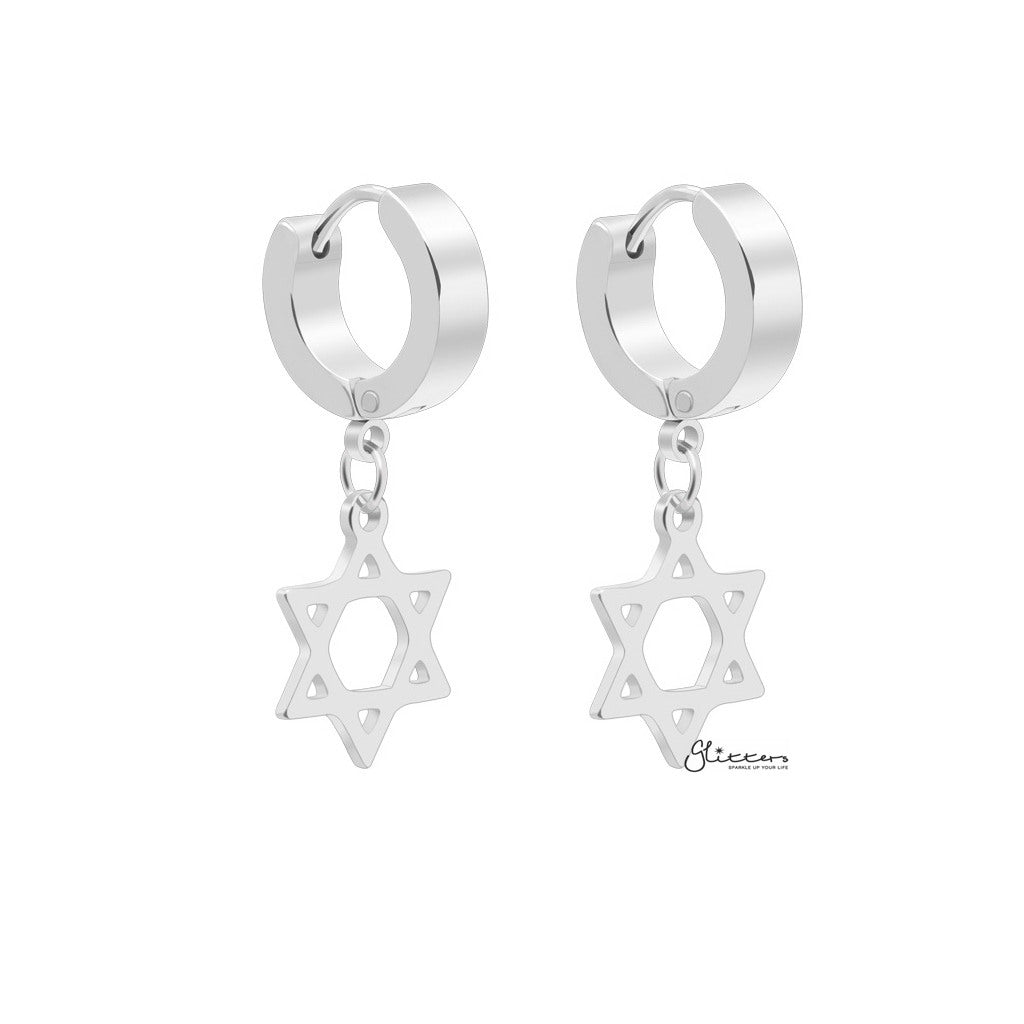 Star of David Symbol Huggie Hoop Earrings - Silver-earrings, Hoop Earrings, Huggie Earrings, Jewellery, Men's Earrings, Men's Jewellery, Stainless Steel, Women's Earrings-ER1479S_1-Glitters