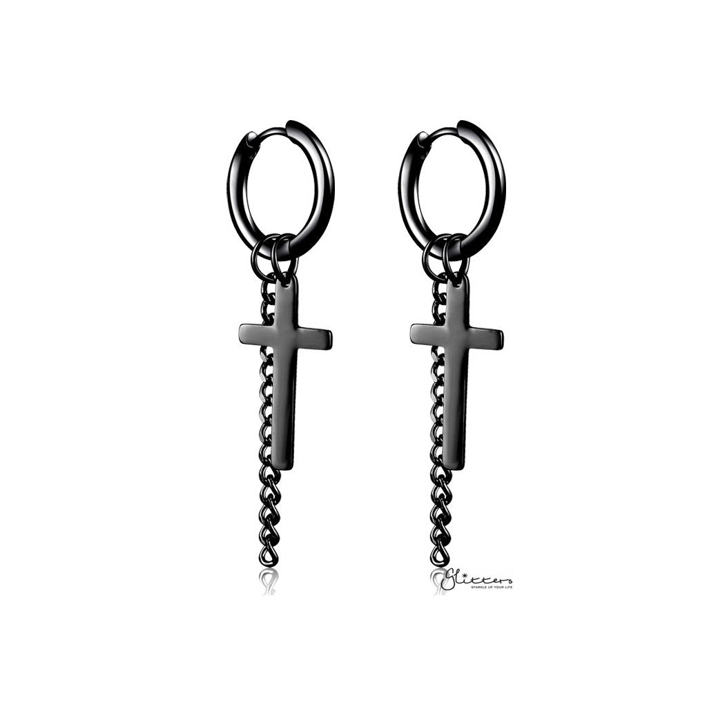Stainless Steel Drop Cross with Chain Huggie Hoop Earrings - Black-Chain Earring, earrings, Hoop Earrings, Huggie Earrings, Jewellery, Men's Earrings, Men's Jewellery, Stainless Steel, Women's Earrings-ER1481-K_1-Glitters