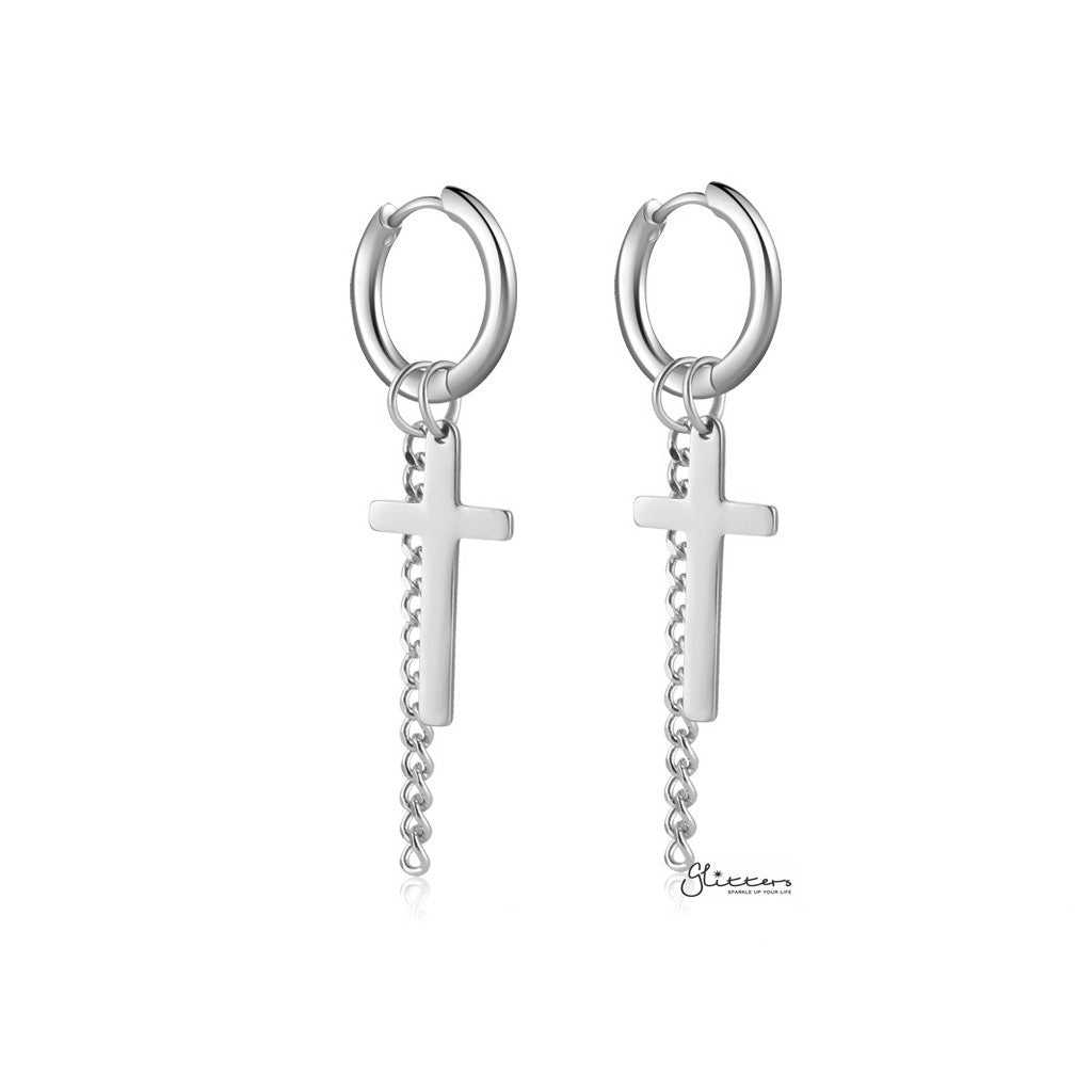 Stainless Steel Drop Cross with Chain Huggie Hoop Earrings - Silver-Chain Earring, earrings, Hoop Earrings, Huggie Earrings, Jewellery, Men's Earrings, Men's Jewellery, Stainless Steel, Women's Earrings-ER1481-S_1-Glitters