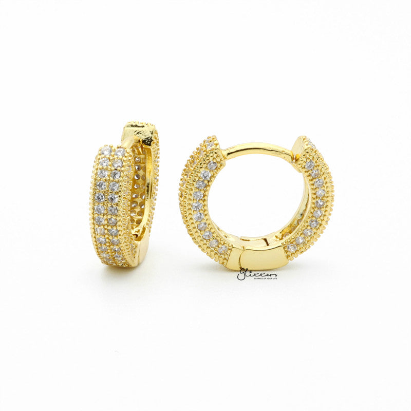 Iced Out One-Touch Huggie Hoop Earrings - Gold-Cubic Zirconia, earrings, Hip Hop Earrings, Hoop Earrings, Iced Out, Jewellery, Men's Earrings, Men's Jewellery, Women's Earrings, Women's Jewellery-ER1539G2_1-Glitters
