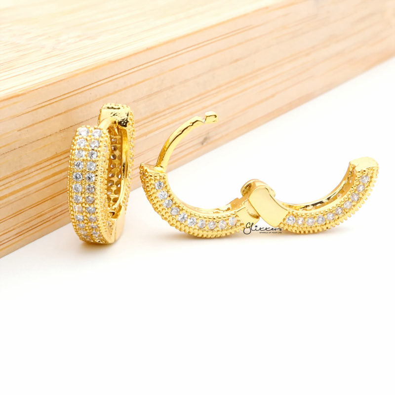 Iced Out One-Touch Huggie Hoop Earrings - Gold-Cubic Zirconia, earrings, Hip Hop Earrings, Hoop Earrings, Iced Out, Jewellery, Men's Earrings, Men's Jewellery, Women's Earrings, Women's Jewellery-ER1539G3_1-Glitters