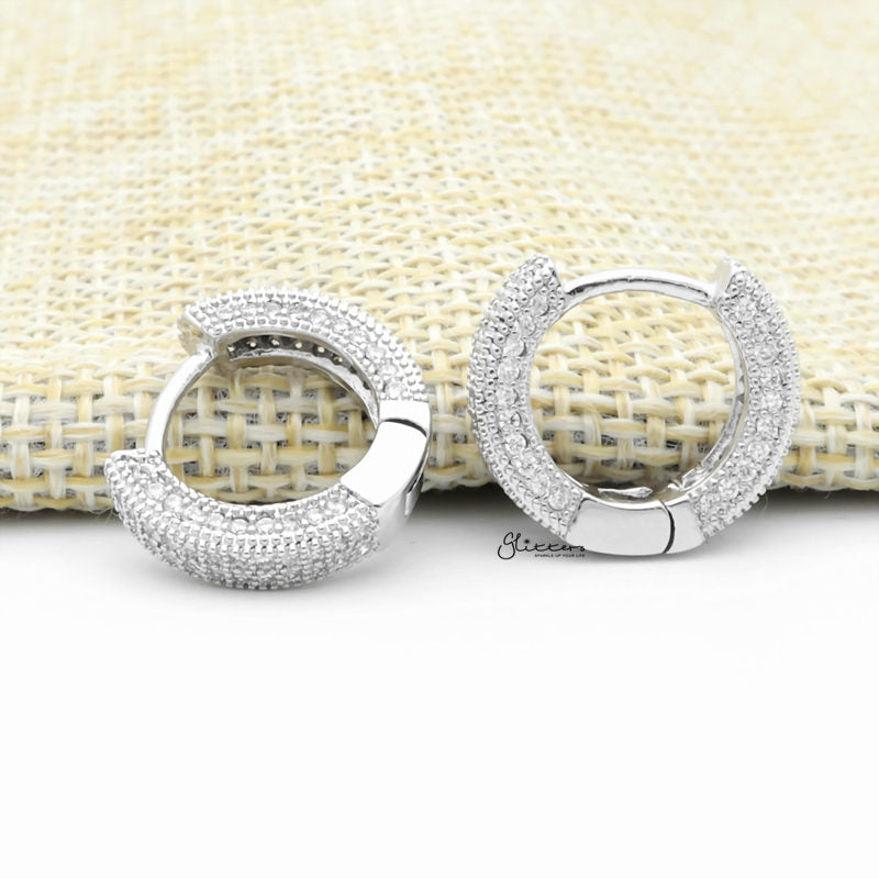 Iced Out One-Touch Huggie Hoop Earrings - Silver-Cubic Zirconia, earrings, Hip Hop Earrings, Hoop Earrings, Iced Out, Jewellery, Men's Earrings, Men's Jewellery, Women's Earrings, Women's Jewellery-ER1539S2_1-Glitters