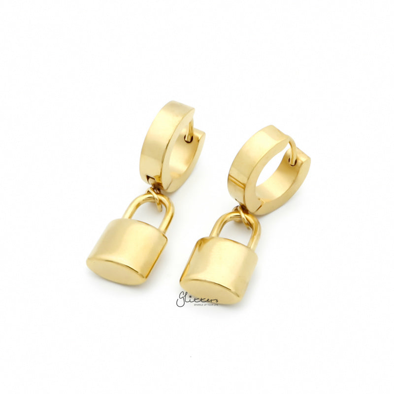 Stainless Steel Huggie Hoop Earrings with Padlock Charm - Gold-earrings, Hoop Earrings, Huggie Earrings, Jewellery, Men's Earrings, Men's Jewellery, Stainless Steel, Women's Earrings-ER1544-G1_800-Glitters