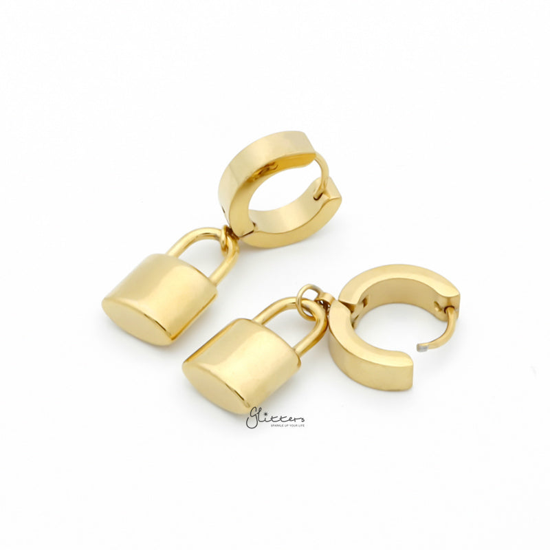 Stainless Steel Huggie Hoop Earrings with Padlock Charm - Gold-earrings, Hoop Earrings, Huggie Earrings, Jewellery, Men's Earrings, Men's Jewellery, Stainless Steel, Women's Earrings-ER1544-G3_800-Glitters