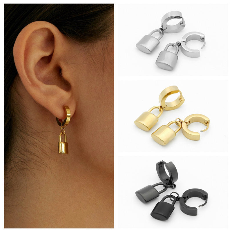 Stainless Steel Huggie Hoop Earrings with Padlock Charm - Silver-earrings, Hoop Earrings, Huggie Earrings, Jewellery, Men's Earrings, Men's Jewellery, Stainless Steel, Women's Earrings-ER1544-M1-Glitters