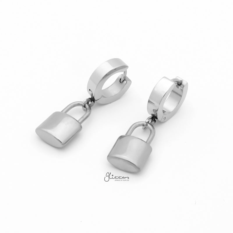 Stainless Steel Huggie Hoop Earrings with Padlock Charm - Silver-earrings, Hoop Earrings, Huggie Earrings, Jewellery, Men's Earrings, Men's Jewellery, Stainless Steel, Women's Earrings-ER1544-S1_800-Glitters