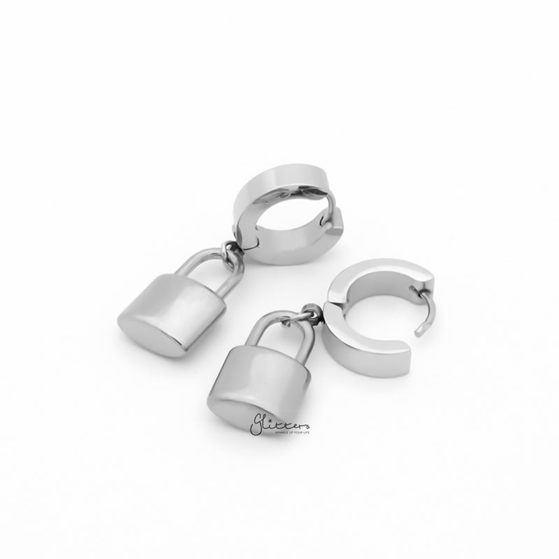 Stainless Steel Huggie Hoop Earrings with Padlock Charm - Silver-earrings, Hoop Earrings, Huggie Earrings, Jewellery, Men's Earrings, Men's Jewellery, Stainless Steel, Women's Earrings-ER1544-S3_800-Glitters
