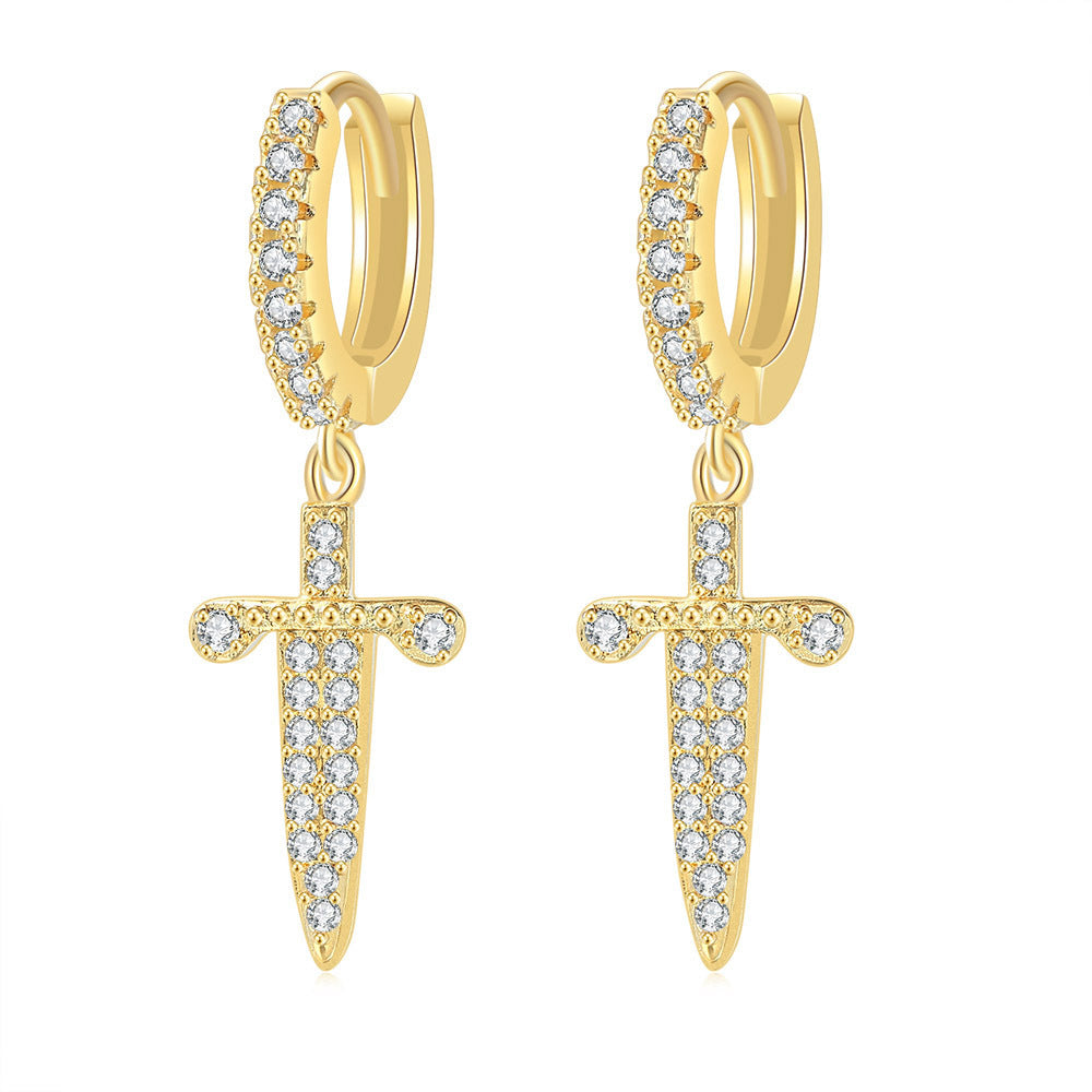Dangle Sword One-Touch Huggie Hoop Earrings-Cubic Zirconia, earrings, Hip Hop Earrings, Hoop Earrings, Iced Out, Jewellery, Women's Earrings, Women's Jewellery-ER1554-G-Glitters