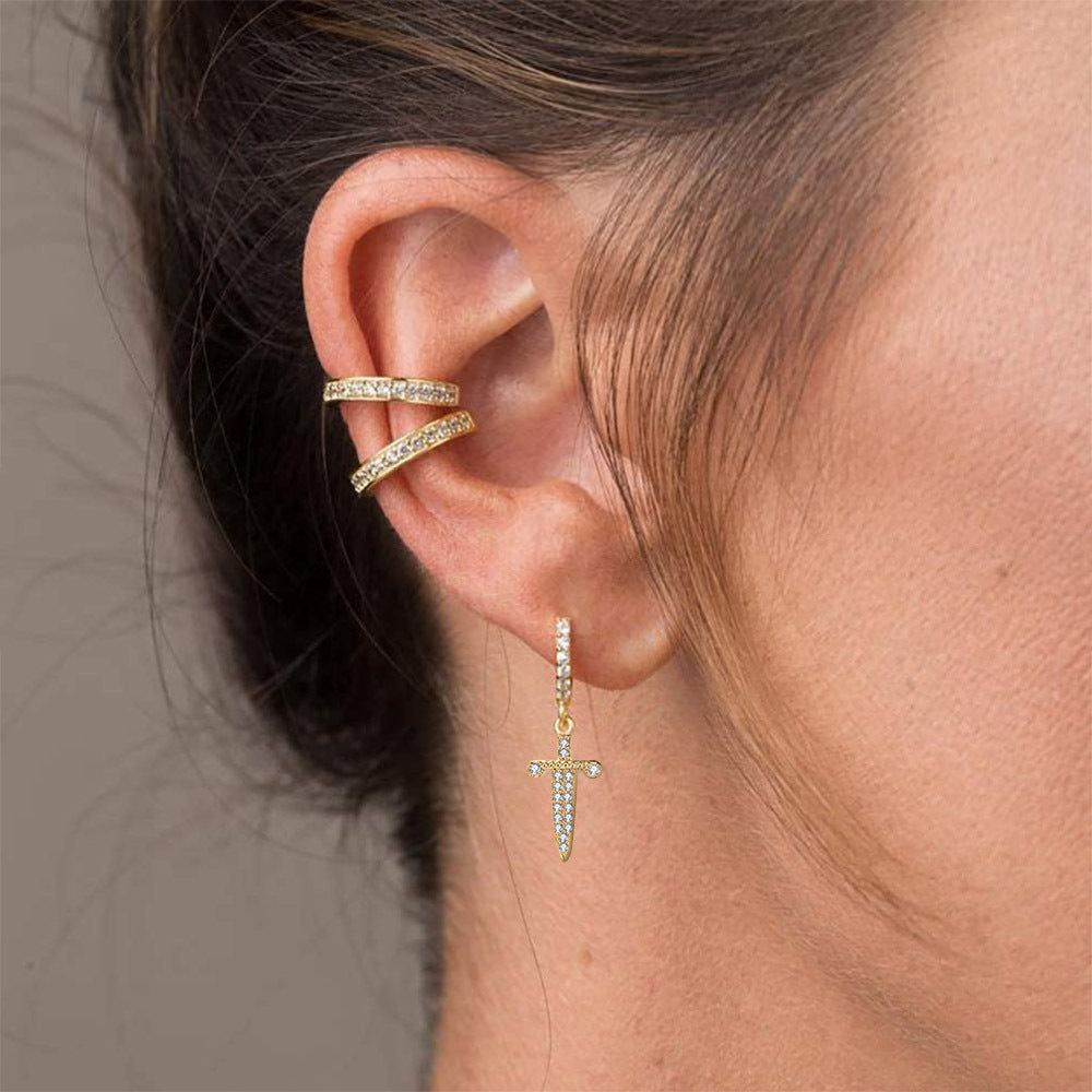 Dangle Sword One-Touch Huggie Hoop Earrings-Cubic Zirconia, earrings, Hip Hop Earrings, Hoop Earrings, Iced Out, Jewellery, Women's Earrings, Women's Jewellery-ER1554-M-Glitters