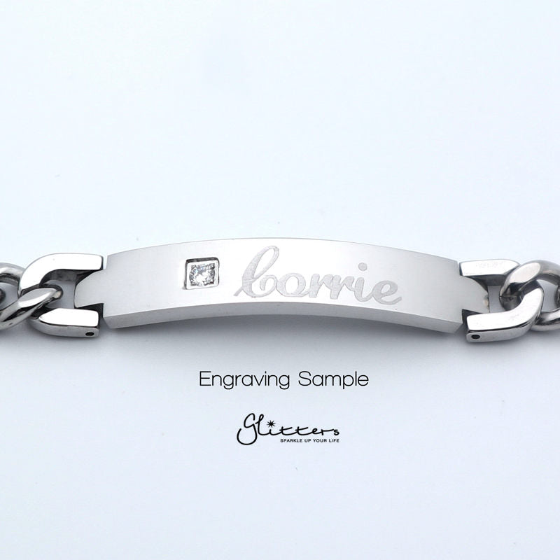 Stainless Steel Men's ID Bracelet with A Cubic Zirconia Stone + Engraving-Engraved Bracelet, Engraving, Personalized-Engraving_Sample_6600f28a-3973-463b-815a-684c45fc1c1f-Glitters