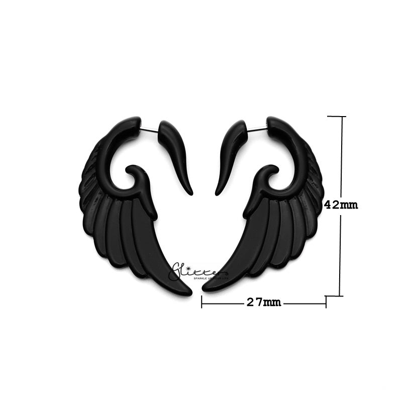 Black Acrylic Angel Wing Fake Ear Tapers with Surgical Steel Bar-Body Piercing Jewellery, earrings, Fake Plug-FP0010_Angel_wing-01_New-Glitters