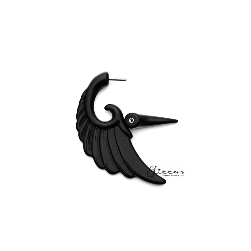 Black Acrylic Angel Wing Fake Ear Tapers with Surgical Steel Bar-Body Piercing Jewellery, earrings, Fake Plug-FP0010_Angel_wing-02-Glitters