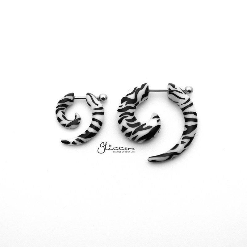 Zebra Acrylic Fake Spiral Ear Taper with Surgical Steel Bar-Body Piercing Jewellery, earrings, Fake Plug-FP0010_Z-800-01-Glitters