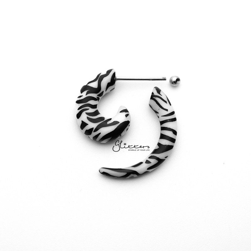 Zebra Acrylic Fake Spiral Ear Taper with Surgical Steel Bar-Body Piercing Jewellery, earrings, Fake Plug-FP0010_Z-800-02-Glitters
