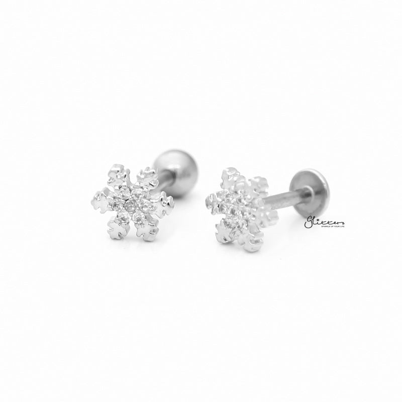 C.Z Snowflake Cartilage Tragus Barbell - Ball End | Flat Back-Body Piercing Jewellery, Cartilage, Cubic Zirconia, Flat back, Jewellery, Tragus, Women's Earrings, Women's Jewellery-FP0020-SF7-1_1-Glitters