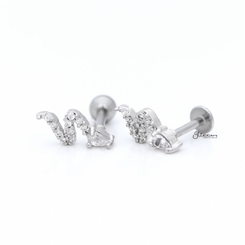 Snake Cartilage Tragus Barbell - Ball End | Flat Back-Body Piercing Jewellery, Cartilage, Cubic Zirconia, Flat back, Jewellery, Tragus, Women's Earrings, Women's Jewellery-FP0020-Snake-1_1-Glitters