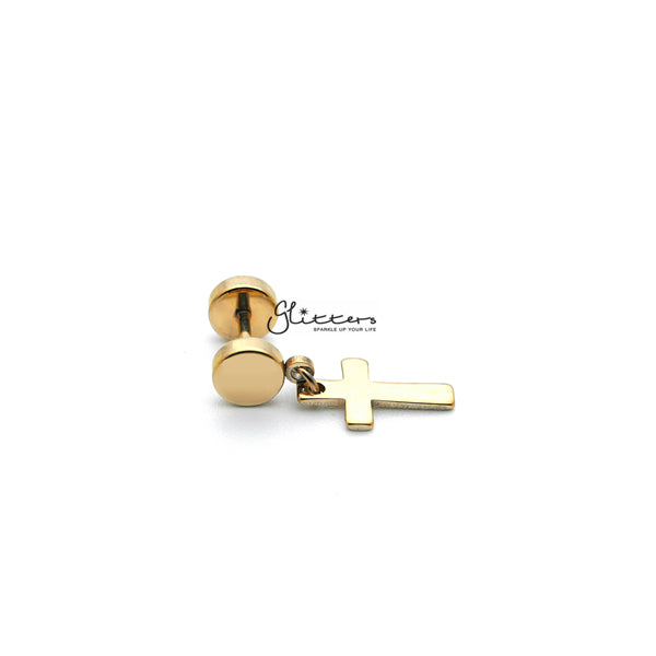 Stainless Steel Dangle Cross Fake Plug - Gold-Body Piercing Jewellery, earrings, Fake Plug, Jewellery, Men's Earrings, Men's Jewellery, Stainless Steel-FP0150_G1_02-Glitters
