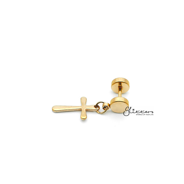 Stainless Steel Drop Cross Fake Plug Earring - Gold-Body Piercing Jewellery, earrings, Fake Plug, Jewellery, Men's Earrings, Men's Jewellery, Stainless Steel-FP0150_G2_01-Glitters