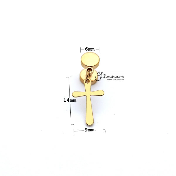 Stainless Steel Drop Cross Fake Plug Earring - Gold-Body Piercing Jewellery, earrings, Fake Plug, Jewellery, Men's Earrings, Men's Jewellery, Stainless Steel-FP0150_G2_02_New-Glitters