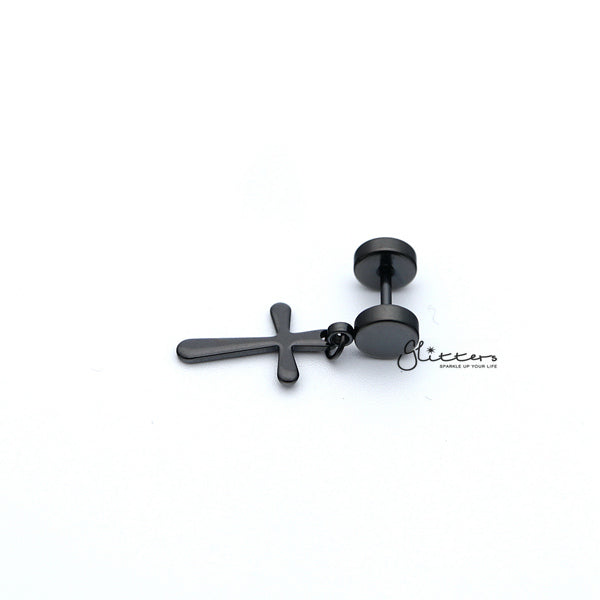 Stainless Steel Drop Cross Fake Plug Earring - Black-Body Piercing Jewellery, earrings, Fake Plug, Jewellery, Men's Earrings, Men's Jewellery, Stainless Steel-FP0150_K2_01-Glitters