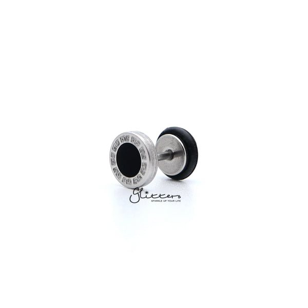 Stainless Steel Greek Key Round Fake Plug with Black Center-Body Piercing Jewellery, earrings, Fake Plug, Jewellery, Men's Earrings, Men's Jewellery, Stainless Steel-FP0157_02-Glitters