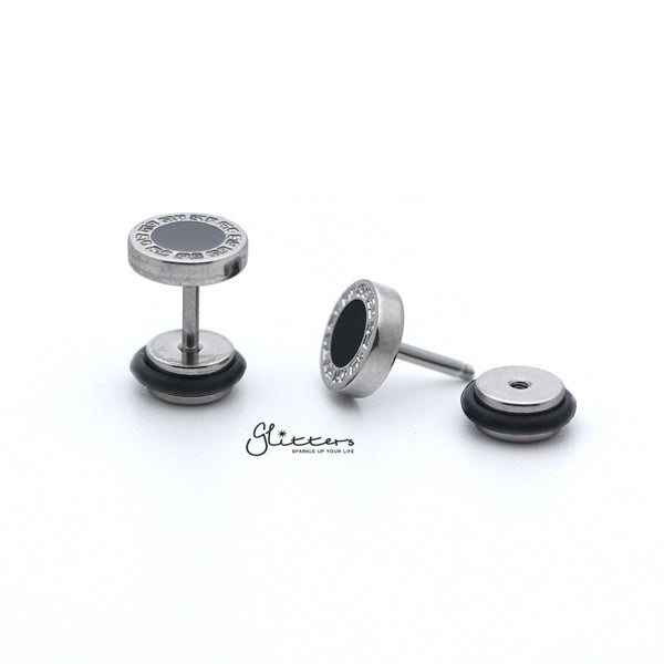 Stainless Steel Greek Key Round Fake Plug with Black Center-Body Piercing Jewellery, earrings, Fake Plug, Jewellery, Men's Earrings, Men's Jewellery, Stainless Steel-FP0157_03-Glitters