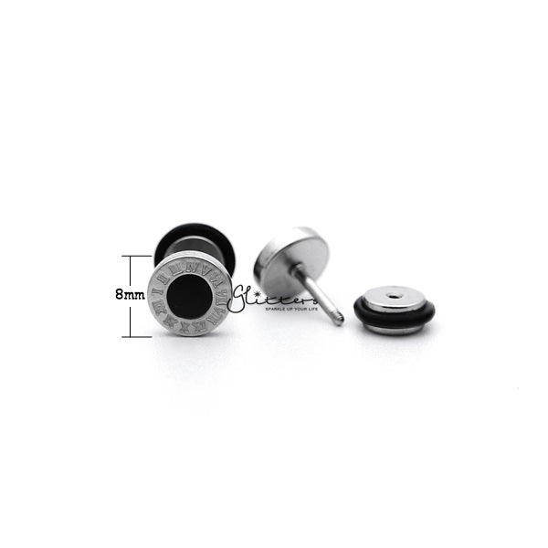 Stainless Steel Roman numerals Round Fake Plug with Black Center-Body Piercing Jewellery, earrings, Fake Plug, Jewellery, Men's Earrings, Men's Jewellery, Stainless Steel-FP0158_02_New-Glitters