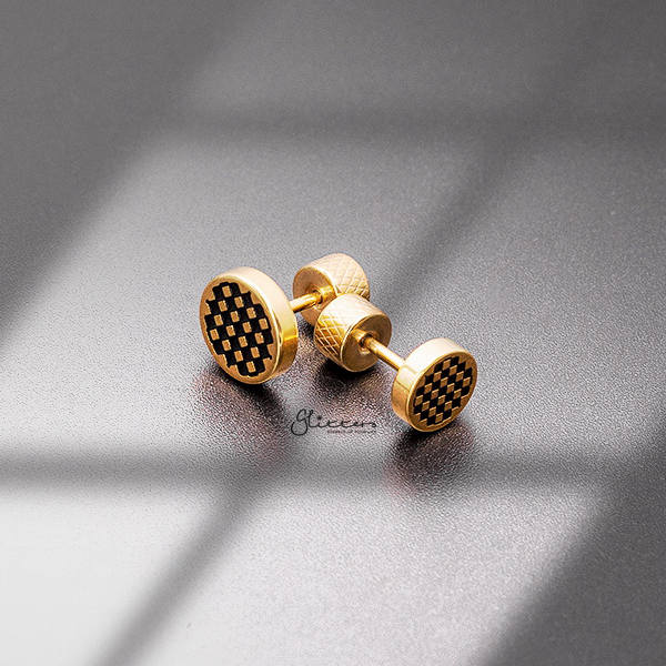 Round Checkerboard Fake Plug Earring - Gold-Body Piercing Jewellery, earrings, Fake Plug, Jewellery, Men's Earrings, Men's Jewellery, Stainless Steel-FP0160-G3-Glitters