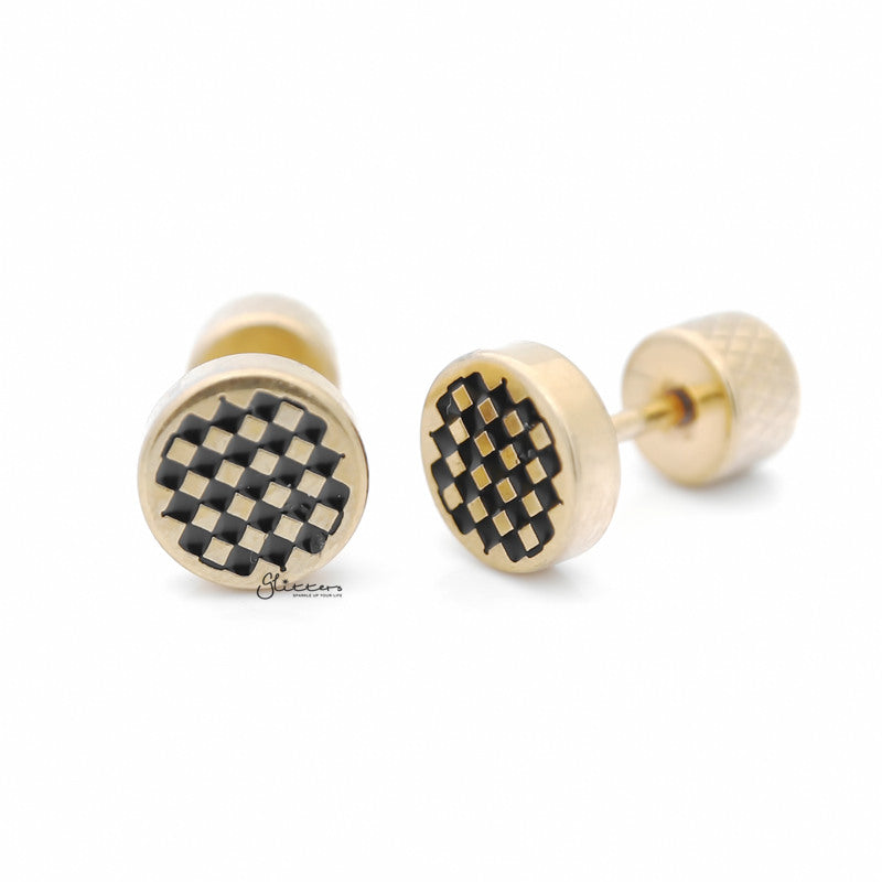 Round Checkerboard Fake Plug Earring - Gold-Body Piercing Jewellery, earrings, Fake Plug, Jewellery, Men's Earrings, Men's Jewellery, Stainless Steel-FP0160-G_1-Glitters