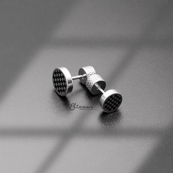 Round Checkerboard Fake Plug Earring - Silver-Body Piercing Jewellery, earrings, Fake Plug, Jewellery, Men's Earrings, Men's Jewellery, Stainless Steel-FP0160-S3_1-Glitters