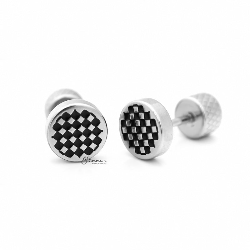Round Checkerboard Fake Plug Earring - Silver-Body Piercing Jewellery, earrings, Fake Plug, Jewellery, Men's Earrings, Men's Jewellery, Stainless Steel-FP0160-S_1-Glitters