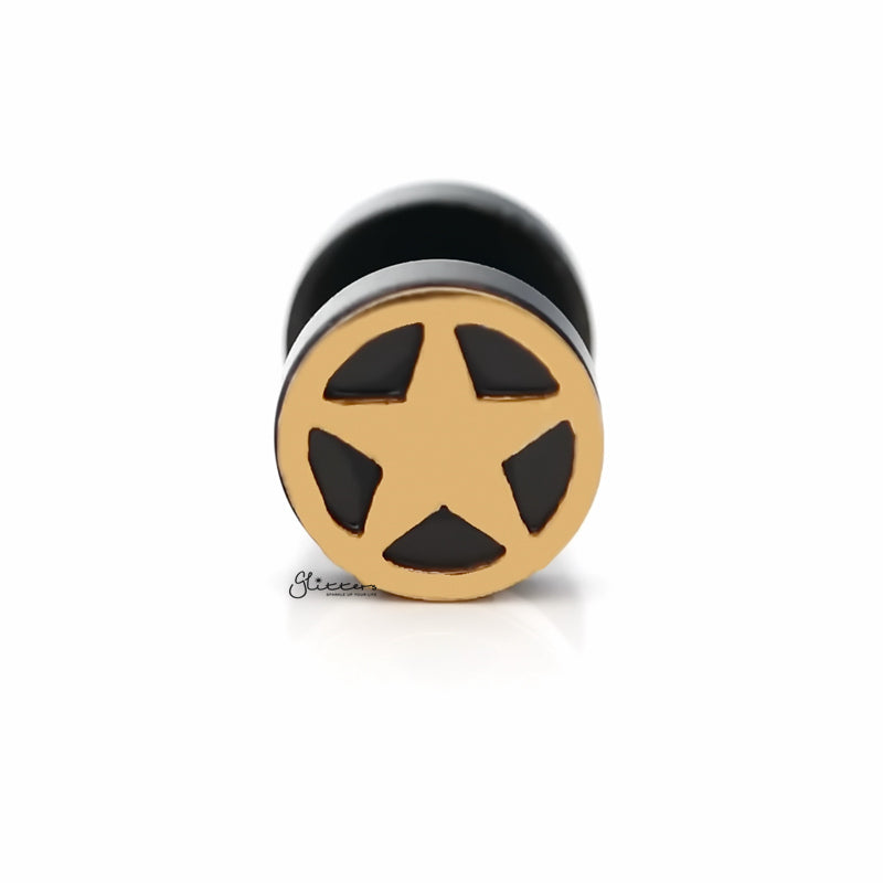 Black Round Fake Plug Earring with Gold Star-Body Piercing Jewellery, earrings, Fake Plug, Jewellery, Men's Earrings, Men's Jewellery, Stainless Steel-FP0161-1_800-Glitters