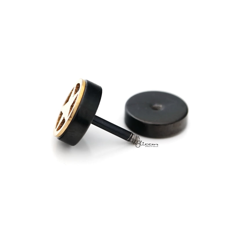 Black Round Fake Plug Earring with Gold Star-Body Piercing Jewellery, earrings, Fake Plug, Jewellery, Men's Earrings, Men's Jewellery, Stainless Steel-FP0161-2_800-Glitters