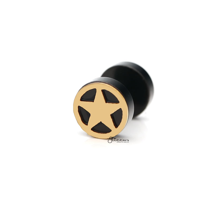 Black Round Fake Plug Earring with Gold Star-Body Piercing Jewellery, earrings, Fake Plug, Jewellery, Men's Earrings, Men's Jewellery, Stainless Steel-FP0161-3_800-Glitters