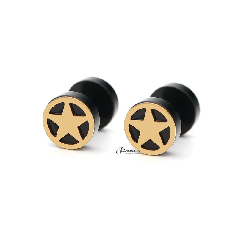 Black Round Fake Plug Earring with Gold Star-Body Piercing Jewellery, earrings, Fake Plug, Jewellery, Men's Earrings, Men's Jewellery, Stainless Steel-FP0161-4_800-Glitters