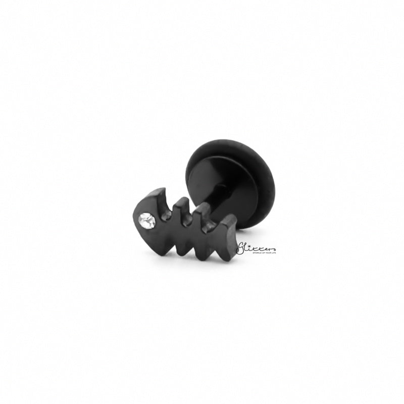 Stainless Steel Fishbone Fake Plug Earring - Black-Body Piercing Jewellery, earrings, Fake Plug, Jewellery, Men's Earrings, Men's Jewellery, Stainless Steel-FP0193-k1_1-Glitters