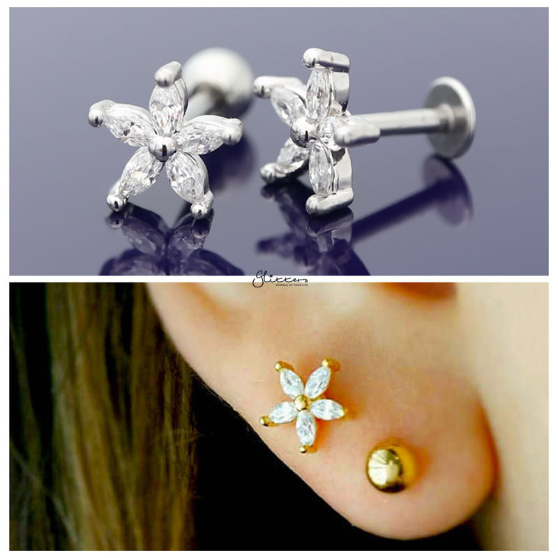 Five Petal CZ Flower Cartilage Tragus Piercing Earring - Silver-Body Piercing Jewellery, Cartilage, Cubic Zirconia, earrings, Jewellery, Tragus, Women's Earrings, Women's Jewellery-FivePetalClearCZFlower02-Glitters