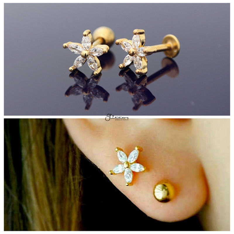 Five Petal CZ Flower Cartilage Tragus Piercing Earring - Gold-Body Piercing Jewellery, Cartilage, Cubic Zirconia, earrings, Jewellery, Tragus, Women's Earrings, Women's Jewellery-FivePetalClearCZFlowerg02-Glitters