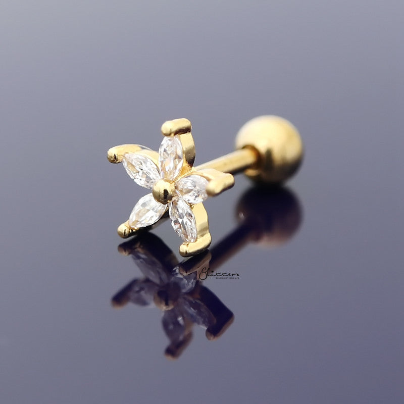 Five Petal CZ Flower Cartilage Tragus Piercing Earring - Gold-Body Piercing Jewellery, Cartilage, Cubic Zirconia, earrings, Jewellery, Tragus, Women's Earrings, Women's Jewellery-FivePetalClearCZFlowerg03-Glitters