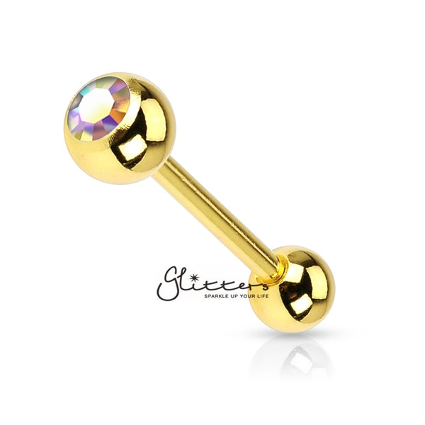 18K Gold I.P Over Surgical Steel Tongue Bar with Single Aurora Borealis Crystal-Body Piercing Jewellery, Crystal, Tongue Bar-GDPB03-1416-AB-1-Glitters