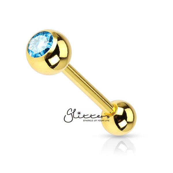 18K Gold I.P Over Surgical Steel Tongue Bar with Single Aqua Crystal-Body Piercing Jewellery, Crystal, Tongue Bar-GDPB03-1416-Q-1-Glitters