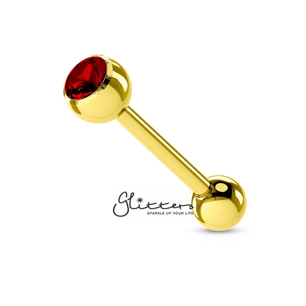 18K Gold I.P Over Surgical Steel Tongue Bar with Single Red Crystal-Body Piercing Jewellery, Crystal, Tongue Bar-GDPB03-1416-R-4-Glitters
