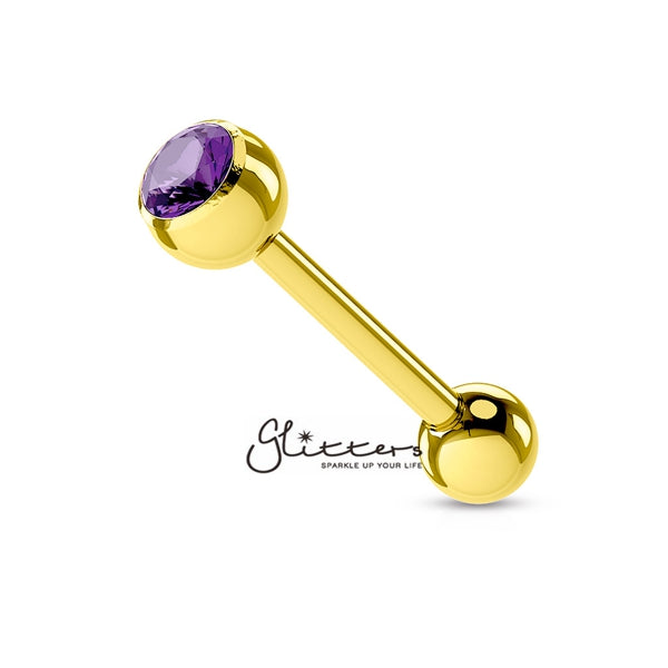 18K Gold I.P Over Surgical Steel Tongue Bar with Single Tanzanite Crystal-Body Piercing Jewellery, Crystal, Tongue Bar-GDPB03-1416-TZ-5-Glitters