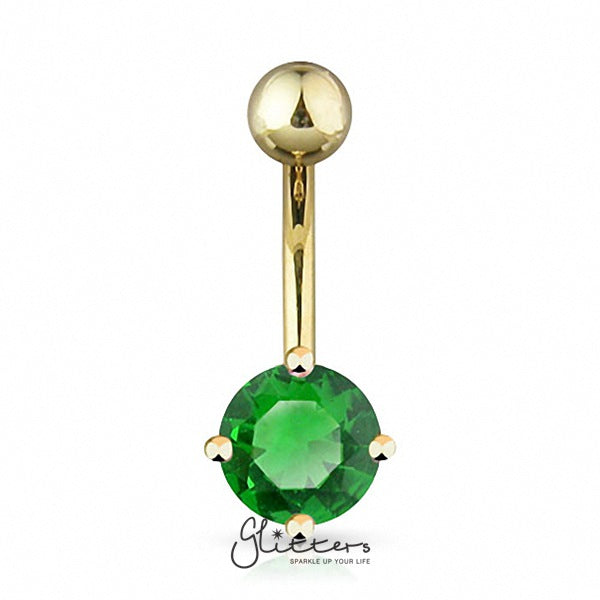 18K Gold Ion Plated Green Round CZ Prong Set Belly Button Ring-Belly Ring, Body Piercing Jewellery, Cubic Zirconia-GDPN005-G-2-Glitters