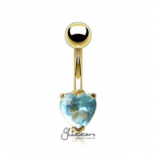 18K Gold Ion Plated Aqua Heart C.Z Prong Set Belly Button Ring-Belly Ring, Body Piercing Jewellery, Cubic Zirconia-GDPN009-Q1-0-Glitters