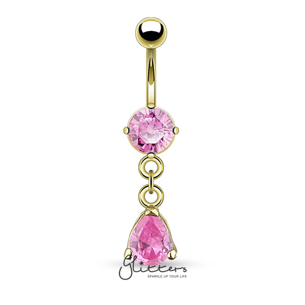 14kt Gold Ion Plated Pink Teardrop Shaped Cubic Zirconia Dangle Belly Button Ring-Belly Ring, Body Piercing Jewellery, Cubic Zirconia-GDPN1004-P-1-Glitters