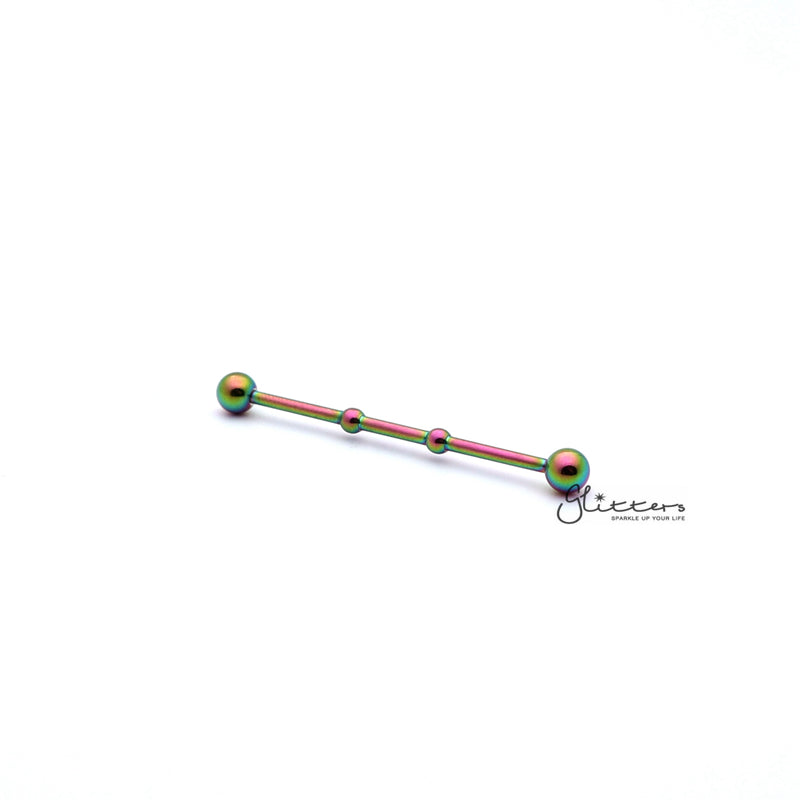 Two Notched Rainbow Titanium Ion Plated over Surgical Steel Balls Industrial Barbells-Body Piercing Jewellery, Industrial Barbell-IB0002-2DOTS-Glitters